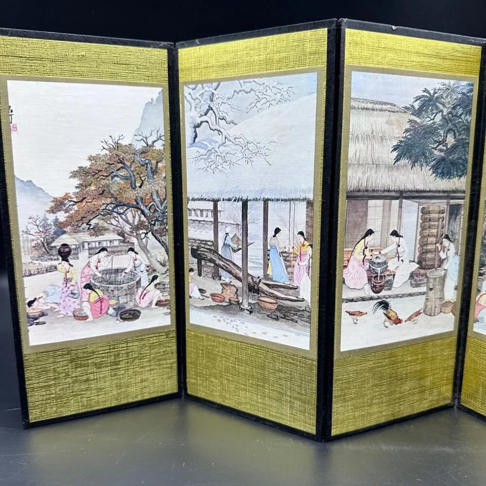 Vintage Korean Village Life Mini Folding Screen Art Decor Tabletop Display Asian